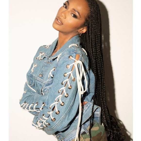 samaria Leah Jackets & Blazers - Levi's Blue Denim Jacket with White Laces
